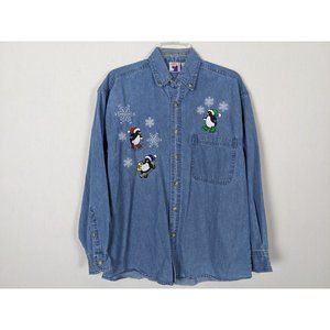Vintage Graphic Sports Christmas Penquins womens button down‎ denim blouse S